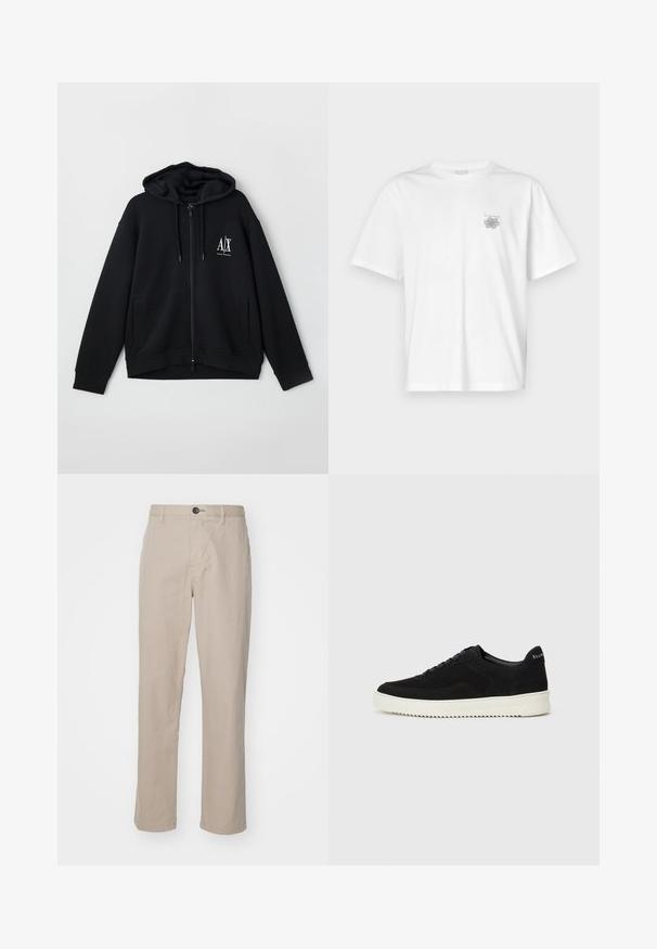 Black zip-up hoodie made of soft fabric, featuring a lined hood, two front pockets, and a small white logo on the left chest.; White t-shirt made of cotton featuring short sleeves, a crew neck, and a small gray logo on the left chest area. Smooth texture.; Beige straight-leg trousers in lightweight fabric, featuring a button closure and subtle stitching details. Flat front with side pockets.; Black suede sneaker with lace-up design and contrasting white rubber sole. Features textured side panels and subtle branding on the heel.