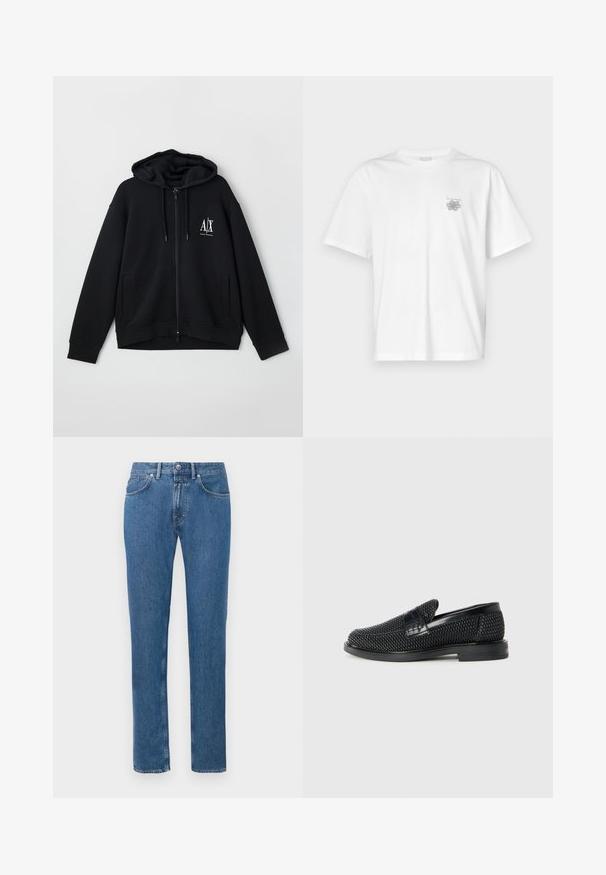 Sudadera negra con cremallera hecha de tejido suave, que cuenta con una capucha forrada, dos bolsillos frontales y un pequeño logo blanco en el lado izquierdo del pecho.; Camiseta blanca de algodón con mangas cortas, cuello redondo y un pequeño logo gris en el lado izquierdo del pecho. Textura suave.; Vaqueros de cintura alta, rectos y de color azul, con botonadura y cremallera en la parte frontal, cinco bolsillos y pasadores para cinturón, mostrados sobre un fondo blanco.; Zapato negro de tejido con un acento de cuero suave en la parte superior, diseño de punta redonda y suela de goma de perfil bajo.