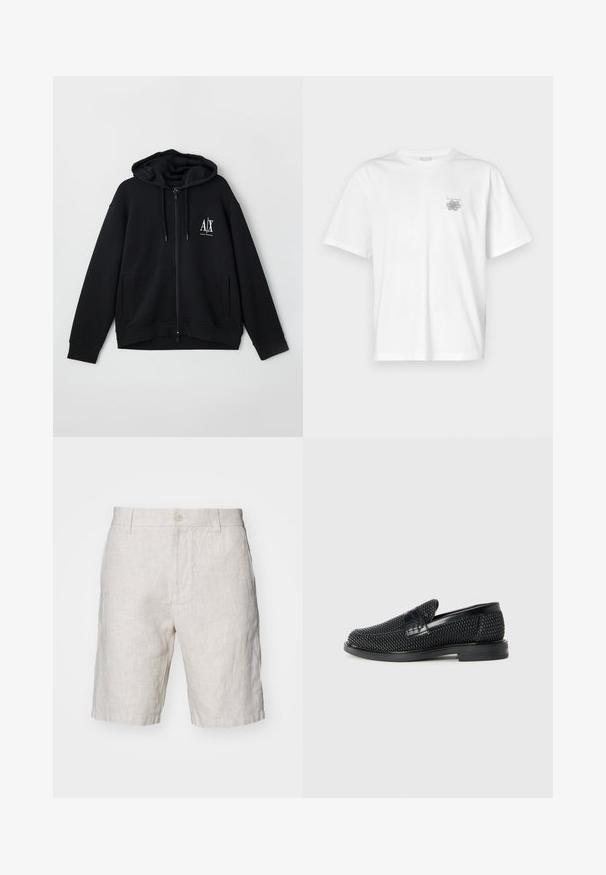 Juodas zip-up džemperis, pagamintas iš minkštos medžiagos, turi pamuštą gobtuvą, dvi priekinės kišenes ir mažą baltą logotipą ant kairiojo krūtinės.; Balta medvilninė marškinėlių, su trumpomis rankovėmis, apykaklė nei per aukšta, nei per žema, ir mažas pilkas logotipas kairėje krūtinės pusėje. Lygi tekstūra.; Šviesūs beige spalvos lininiai šortai su natūralia tekstūra, turintys priekinį mygtuko užsegimą ir šonines kišenes. Tiesaus kirpimo kojos dizainas.; Juodas pintas slip-on tipo batelis su lygiu odiniu akcentu viršuje, apvalios nosies dizainas ir žemas guminis padas.