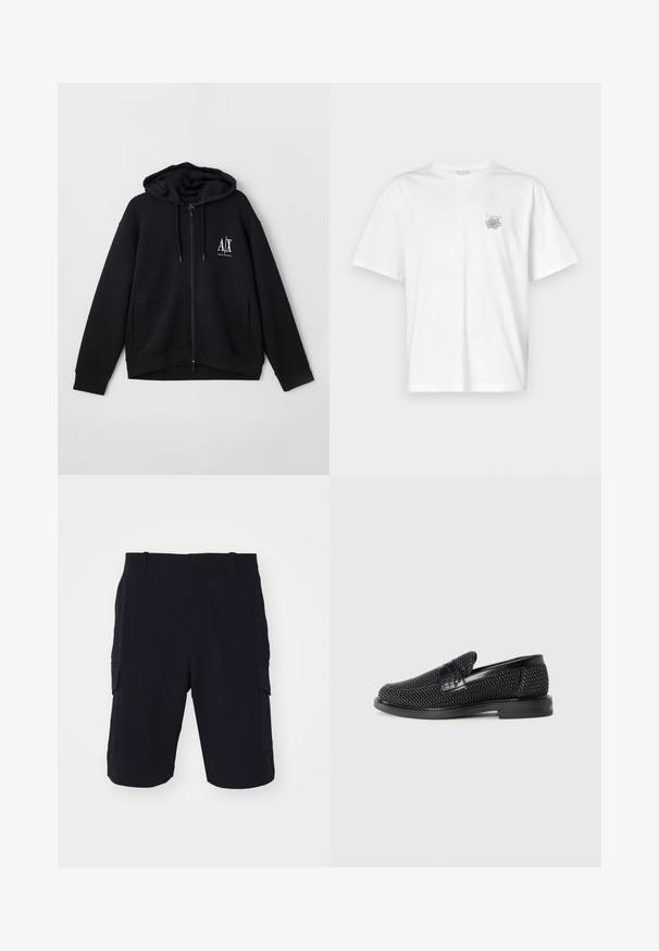 Juodas zip-up džemperis, pagamintas iš minkštos medžiagos, turi pamuštą gobtuvą, dvi priekinės kišenes ir mažą baltą logotipą ant kairiojo krūtinės.; Balta medvilninė marškinėlių, su trumpomis rankovėmis, apykaklė nei per aukšta, nei per žema, ir mažas pilkas logotipas kairėje krūtinės pusėje. Lygi tekstūra.; rag & bone CADE - Šortai - black; Juodas pintas slip-on tipo batelis su lygiu odiniu akcentu viršuje, apvalios nosies dizainas ir žemas guminis padas.