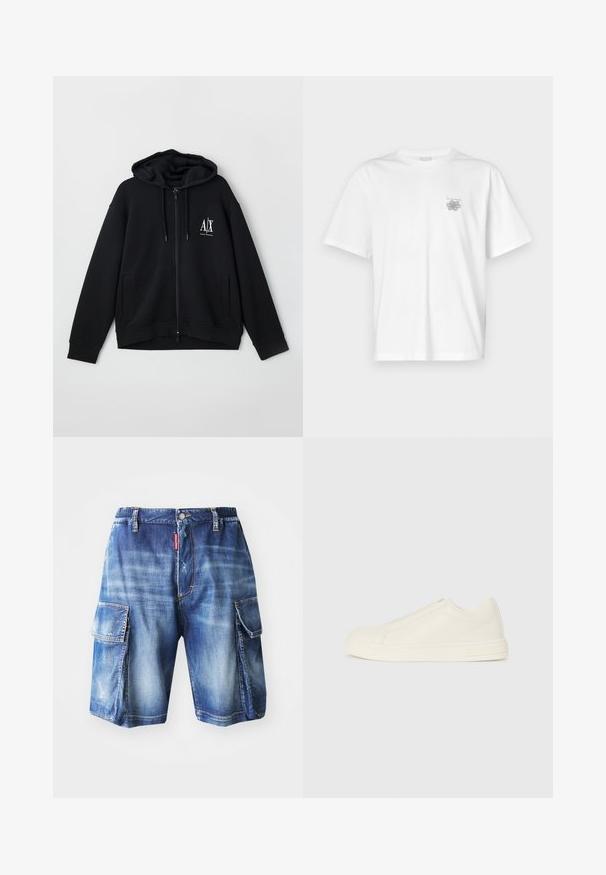 Sweatshirt preto com fecho éclair, feito de um tecido macio, apresentando um capuz forrado, dois bolsos frontais e um pequeno logótipo branco no lado esquerdo do peito.; Camisa branca de algodão com mangas curtas, gola redonda e um pequeno logótipo cinza na área do peito esquerdo. Textura suave.; Bermudas de ganga com um ajuste relaxado, lavagem azul clara, dois grandes bolsos laterais e detalhes ligeiramente desgastados, com uma cintura elástica.; Sapatilha de couro bege de cano baixo com bico redondo, costura mínima e fecho de zíper lateral sobre um fundo branco.