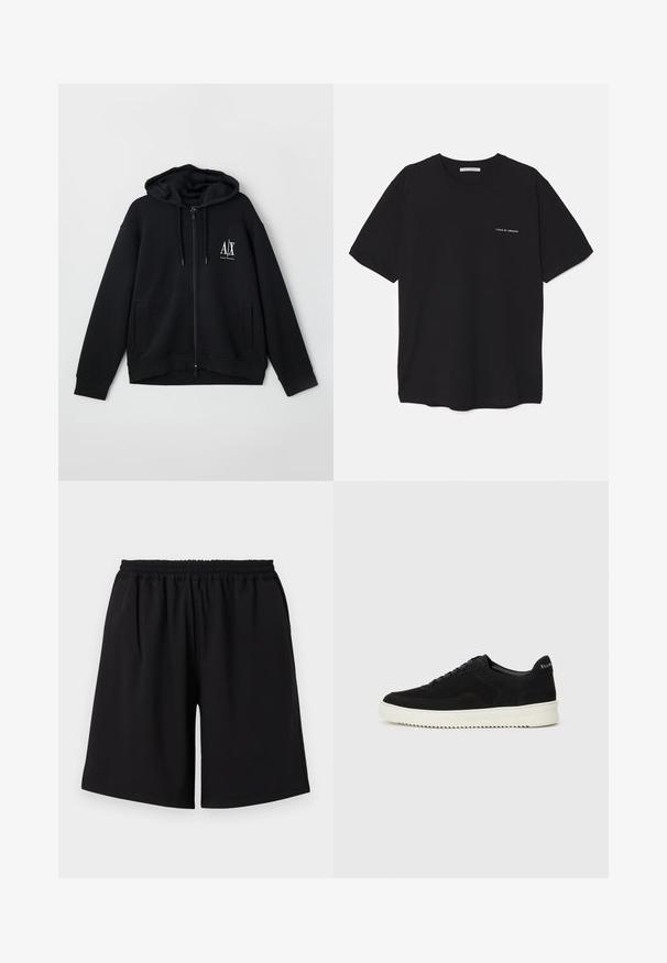 Sweatshirt preto com fecho éclair, feito de um tecido macio, apresentando um capuz forrado, dois bolsos frontais e um pequeno logótipo branco no lado esquerdo do peito.; T-shirt preta de algodão com gola redonda, mangas curtas e impressão de logó tipo branca no lado esquerdo do peito. Design simples, de cor sólida.; Shorts atléticos pretos feitos de tecido leve. Apresentam uma faixa elástica na cintura e um design de ajuste solto, sem bolsos.; Sapatilhas de camurça pretas com design de atacadores e sola de borracha branca em contraste. Apresenta painéis laterais texturizados e uma marcação discreta no calcanhar.