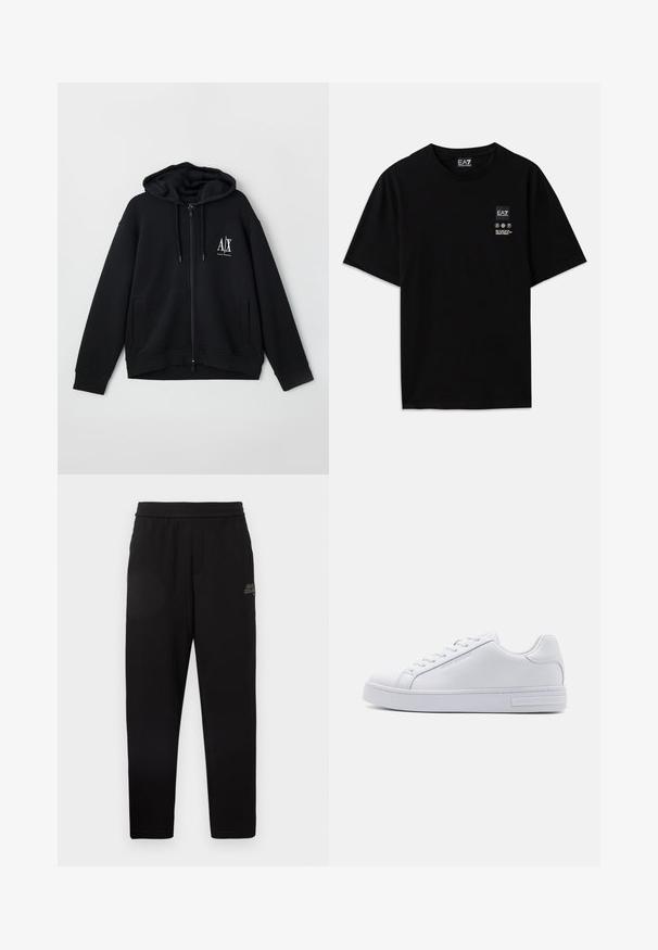 Svart zip-up hoodie i mjukt tyg, med en fodrad huva, två framfickor och en liten vit logotyp på vänster bröst.; Svart bomullströja med korta ärmar, rund halsringning och en liten logotags på framsidan med vårdsymboler i vitt.; Svarta tapered sweatpants med elastisk midja och liten tryckt logotyp på övre vänstra låret.; Vit lädersneaker med slät yta, rund tå, snörning framtill och platt gummisula. Har präglad logotyp på hälen.