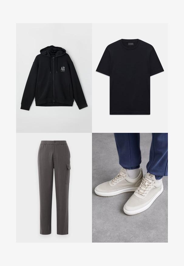 Must mustaga, mis on valmistatud pehmest kangast, voodriga kapuutsiga, kahe esistaskuga ja väikese valge logoga vasakul rinnal.; Must ja lühikeste varrukatega T-särk ümaratest kaelusest, diskreetne reljeefne logo disain, mis on keskendatud rinnale, ja kaubamärgiga silt kaeluses.; Hallid hallid püksid, millel on mugav lõige, valmistatud siledast kangast. Varustatud nupukinnisega, küljetaskute ja säärel oleva kargo-taskuga.; Bežid spordijal, millel on tekstureeritud materjal, ümmargune varvas, paelad ja minimalistlik disain. Valge tald, millel on heleda pruuni detailid. Kanda navy siniste spordipükstega.