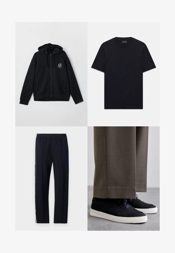 Melnā kapuce ar rāvējslēdzēju, izgatavota no mīksta auduma, ar oderētu kapuci, divām priekšējām kabatām un mazu balto logo kreisajā krūtī.; Melnas īsām piedurknēm T-krekls ar apaļu kakla izgriezumu, ar smalku iepresētu logotipa dizainu krūšu centrā un zīmola etiķeti apakšā kaklā.; Melni, pieguļoši bikses ar elastīgu jostasvietu, kas satur divas sānu kabatas un baltu svītru gar ārējo kāju. Gluda tekstūra.; Melni zamšaini sporta apavi ar baltām gumijas zolēm, ar noapaļotu purngalu un auklām, valkāti ar pelēkiem piegrieztiem biksēm.