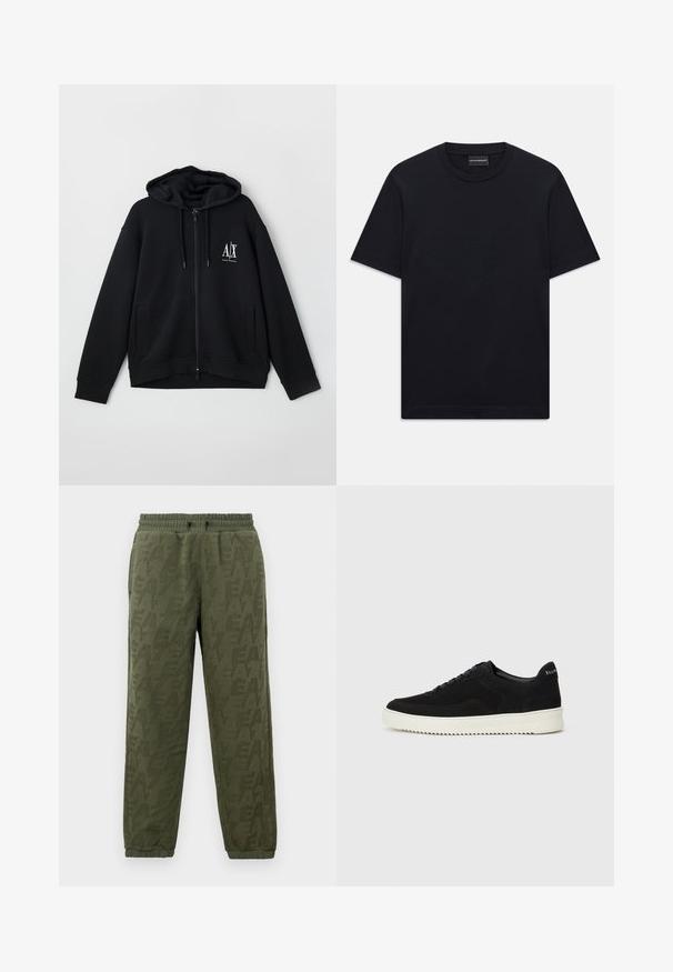 Black zip-up hoodie made of soft fabric, featuring a lined hood, two front pockets, and a small white logo on the left chest.; Black short-sleeve crew neck T-shirt with subtle embossed logo design centered on the chest and a branded tag inside the collar.; Olive green fleece joggers with elastic waist and cuffs, featuring subtle tonal EA7 logo pattern all over.; Black suede sneaker with lace-up design and contrasting white rubber sole. Features textured side panels and subtle branding on the heel.