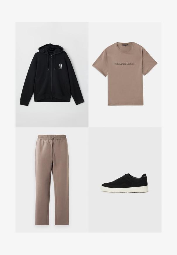 Juodas zip-up džemperis, pagamintas iš minkštos medžiagos, turi pamuštą gobtuvą, dvi priekinės kišenes ir mažą baltą logotipą ant kairiojo krūtinės.; Rudas medvilninis marškinėliai su apvaliu kaklu. Priekio centre iškilmingas "MICHAEL KORS" logotipas. Trumpomis rankovėmis ir tiesaus kirpimo dizainas.; Rudi, vidutinio aukščio sportiniai kelnės, pagamintos iš minkštos medžiagos, su elastinga juosta ir raišteliu, šoninėmis kišenėmis ir tiesiomis kelnėmis.; Juodos veliūrinės sportinės bateliai su raištelių dizainu ir kontrastinga balta gumine padais. Yra tekstūruoti šoniniai skydeliai ir subtilus logotipas ant kulno.