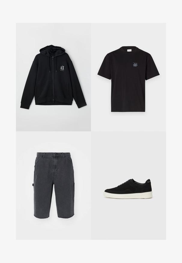 Black zip-up hoodie made of soft fabric, featuring a lined hood, two front pockets, and a small white logo on the left chest.; Black cotton t-shirt with a crew neck and short sleeves. Features a small blue logo on the left chest. Simple, straight-cut design.; Dark denim cargo shorts with a straight cut, featuring side pockets, visible stitching, and a raw hem. Durable, lightweight fabric.; Black suede sneaker with lace-up design and contrasting white rubber sole. Features textured side panels and subtle branding on the heel.