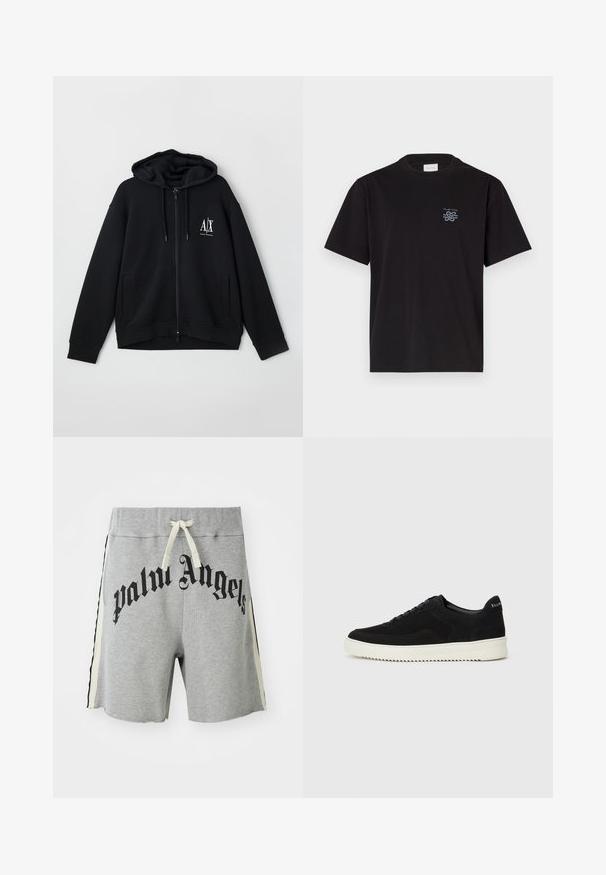 Svart zip-up hettegenser laget av myk stoff, med foret hette, to frontlommer og en liten hvit logo på venstre bryst.; Svart bomulls T-skjorte med rund hals og korte ermer. Har en liten blå logo på venstre bryst. Enkel, rettskåret design.; Lys grå casual shorts med kremfarget snor, svarte og kremfargede sidestriper, og stor svart "palm angels" tekst over fronten.; Svart semsket sneakers med snøring og kontrasterende hvit gummisåle. Har teksturerte sidepaneler og subtil merkevare på hælen.