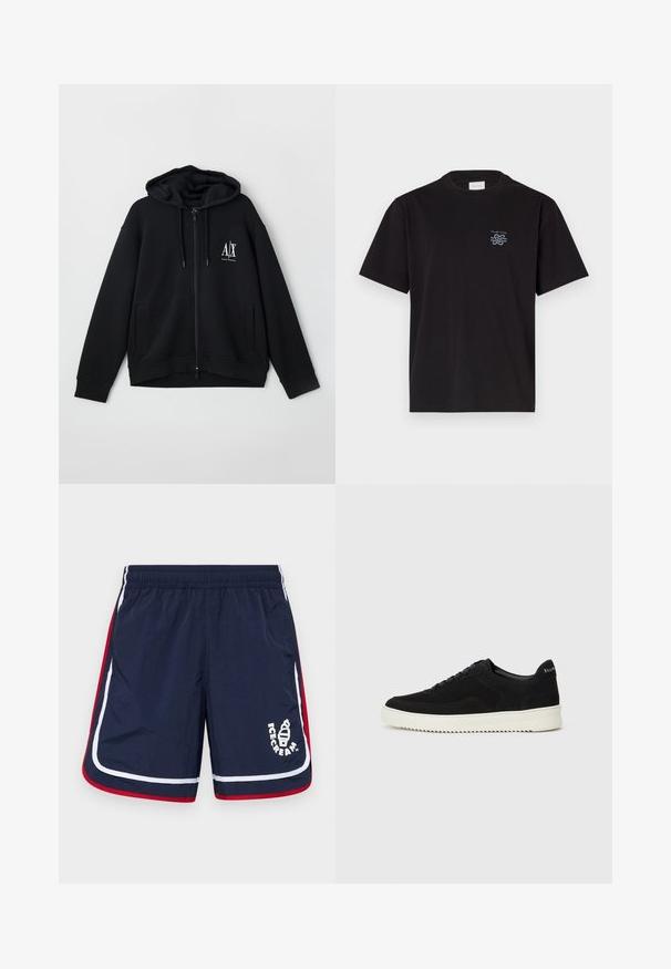 Black zip-up hoodie made of soft fabric, featuring a lined hood, two front pockets, and a small white logo on the left chest.; Black cotton t-shirt with a crew neck and short sleeves. Features a small blue logo on the left chest. Simple, straight-cut design.; Navy blue swim shorts with white and red side stripes, elastic waistband, and a logo featuring an ice cream cone on the front.; Black suede sneaker with lace-up design and contrasting white rubber sole. Features textured side panels and subtle branding on the heel.