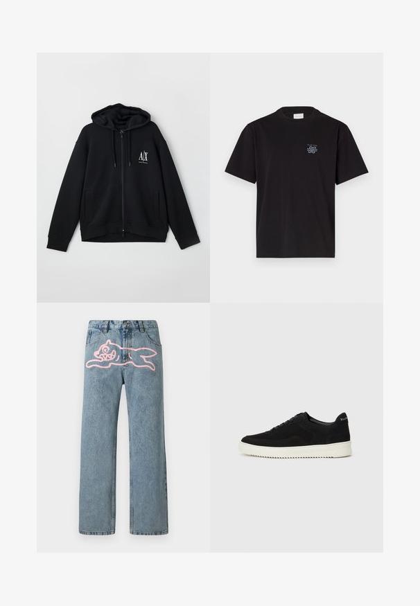 Sudadera negra con cremallera hecha de tejido suave, que cuenta con una capucha forrada, dos bolsillos frontales y un pequeño logo blanco en el lado izquierdo del pecho.; Camiseta de algodón negra con cuello redondo y mangas cortas. Presenta un pequeño logo azul en el lado izquierdo del pecho. Diseño simple y de corte recto.; Vaqueros de mezclilla azul claro con piernas rectas, que presentan un gran gráfico de un gato de dibujos animados rosa en el muslo izquierdo. Diseño clásico de cinco bolsillos.; Zapatilla de ante negra con diseño de cordones y suela de goma blanca contrastante. Presenta paneles laterales texturizados y un sutil logo en el talón.