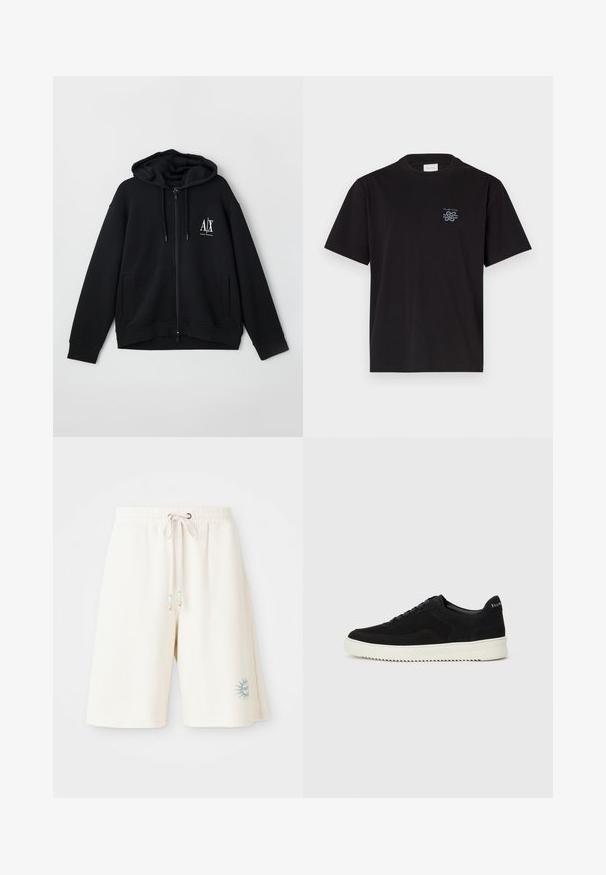 Sort lynlås hoodie lavet af blød stof, med en foret hætte, to forlommer og et lille hvidt logo på venstre bryst.; Sort bomulds t-shirt med rund hals og korte ærmer. Har et lille blåt logo på venstre bryst. Simpel, lige snit design.; Lyscreme shorts lavet af tekstureret stof med elastisk talje, justerbar snoretræk og et trykt sol-design på venstre ben.; Sort ruskinds sneaker med snørebånd og kontrasterende hvid gummisål. Har teksturerede sidepaneler og diskret branding på hælen.