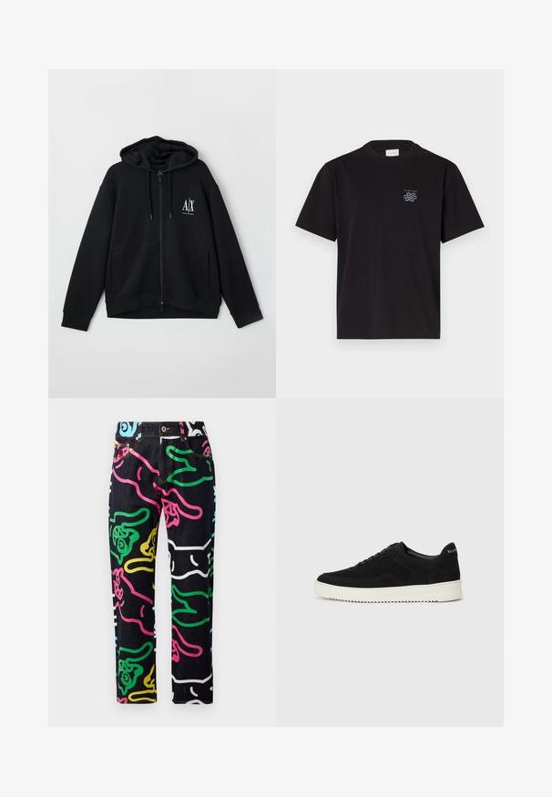 Fekete, cipzáros kapucnis pulóver, puha anyagból készült, bélelt kapucnival, két elülső zsebbel és egy kis fehér logóval a bal mellen.; Fekete pamut póló kerek nyakkal és rövid ujjakkal. Bal mellen egy kis kék logó található. Egyszerű, egyenes szabású dizájn.; Farmernadrág fekete alapra színes, absztrakt mintákkal, pink, zöld, kék, sárga és fehér színekben. Szokásos, öt zsebes kialakítás.; Fekete velúr sportcipő fűzős dizájnnal és kontrasztos fehér gumitalppal. Jellemzői a textúrázott oldalpanelek és a diszkrét logó a sarokon.