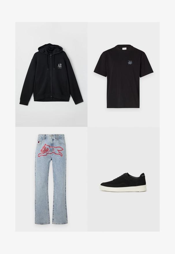 Sudadera negra con cremallera hecha de tejido suave, que cuenta con una capucha forrada, dos bolsillos frontales y un pequeño logo blanco en el lado izquierdo del pecho.; Camiseta de algodón negra con cuello redondo y mangas cortas. Presenta un pequeño logo azul en el lado izquierdo del pecho. Diseño simple y de corte recto.; Vaqueros de mezclilla de color azul claro con un diseño de pierna recta, con un gran gráfico de un gato de dibujo animado rojo en la parte trasera y un estilo tradicional de cinco bolsillos.; Zapatilla de ante negra con diseño de cordones y suela de goma blanca contrastante. Presenta paneles laterales texturizados y un sutil logo en el talón.