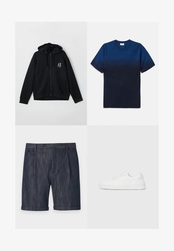 Črna zip-up kapuca iz mehkega blaga, z podloženim kapucem, dvema sprednjima žepoma in majhnim belim logotipom na levi strani prsnega koša.; Mornarsko modra bombažna majica s krožnim izrezom, kratkimi rokavi in subtilnim gradientnim vzorcem, ki prehaja od svetlejših do temnejših odtenkov.; Temno modri šortii iz strukture tkanine, z zavihkom na robu, sprednjimi gubami in enim gumbom za zapiranje na pasu.; Bela teniska z gladkim usnjenim zgornjim delom, okroglim nosom, vezalkami, teksturiranimi stranskimi poudarki in debelim gumijastim podplatom. Minimalističen dizajn.