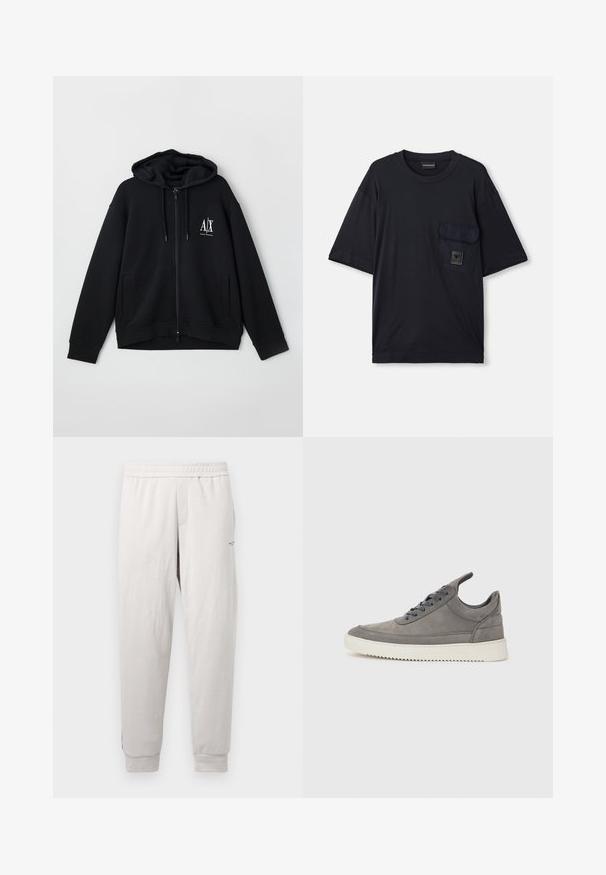 Black zip-up hoodie made of soft fabric, featuring a lined hood, two front pockets, and a small white logo on the left chest.; Black short-sleeve crew neck T-shirt with a flap pocket on the left chest featuring a small rectangular logo patch.; Light gray sweatpants with an elastic waistband, side pockets, ribbed cuffs, and subtle branding on the leg, made of soft fabric.; Gray suede sneaker with a textured finish, featuring a white rubber sole, round laces, and a low-top design.