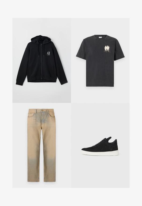 Černá zipová mikina vyrobená z měkké látky, s podšívkou kapuce, dvěma předními kapsami a malým bílým logem na levé části hrudníku.; Černé bavlněné tričko s krátkými rukávy, na levé straně s malou bílou grafikou tří postav a textem "Falling Roses".; Beige džíny se rovnými nohavicemi, s bledým efektem na spodní části, pěti kapsami a zapínáním na knoflík.; Černé semišové tenisky s bílou gumovou podrážkou, s tónovým prošitím a šněrováním. Hladký povrch s moderním, aerodynamickým tvarem.