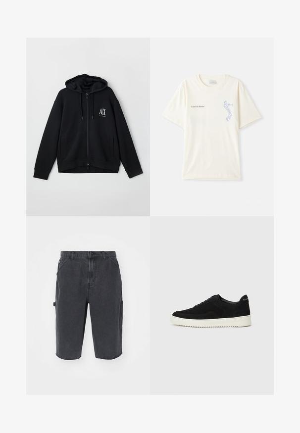 Crna zip-up majica s kapuljačom izrađena od mekanog materijala, s postavljenom kapuljačom, dva prednja džepa i malim bijelim logom na lijevoj strani prsiju.; Bijela pamučna majica s kratkim rukavima, s natpisom "Ujedinjeni ritmom" u crnoj i plavoj grafici na prsima. Okrugli izrez.; Tamno plave cargo kratke hlače ravnog kroja, s bočnim džepovima, vidljivim šavovima i sirovim rubom. Izdržljiv, lagan materijal.; Crne nubuk tenisice s vezanjem i kontrastnom bijelom gumenom potplatom. Imaju teksturirane bočne panele i suptilno brendiranje na peti.