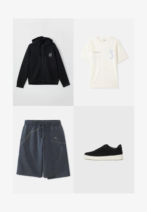 Felpa nera con zip realizzata in morbido tessuto, dotata di cappuccio foderato, due tasche frontali e un piccolo logo bianco sul lato sinistro del petto.; T-shirt bianca in cotone con maniche corte, con la scritta "United By Rhythm" in grafica nera e blu sul petto. Design con collo rotondo.; Pantaloni corti grigi scuri in misto cotone, con vita elasticizzata, cordino, tasche laterali e dettagli in filato giallo.; Sneaker in suede nero con design con lacci e suola in gomma bianca a contrasto. Presenta pannelli laterali testurizzati e un marchio discreto sul tallone.