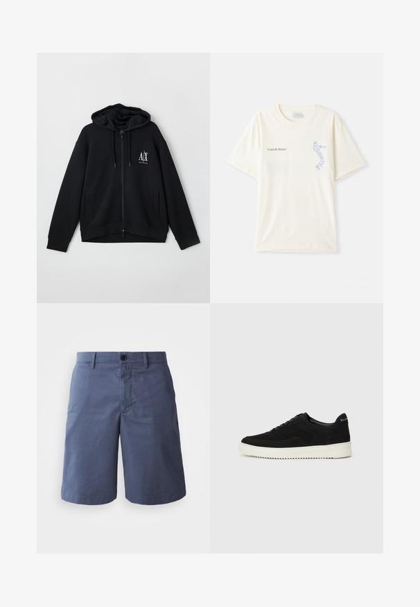 Crna zip-up majica s kapuljačom izrađena od mekanog materijala, s postavljenom kapuljačom, dva prednja džepa i malim bijelim logom na lijevoj strani prsiju.; Bijela pamučna majica s kratkim rukavima, s natpisom "Ujedinjeni ritmom" u crnoj i plavoj grafici na prsima. Okrugli izrez.; Tamnoplave pamučne šortse s ravnim prednjim dijelom, jednim dugmetom, dva bočna džepa i ravnim krojem. Glatka tekstura, bez vidljivih uzoraka.; Crne nubuk tenisice s vezanjem i kontrastnom bijelom gumenom potplatom. Imaju teksturirane bočne panele i suptilno brendiranje na peti.