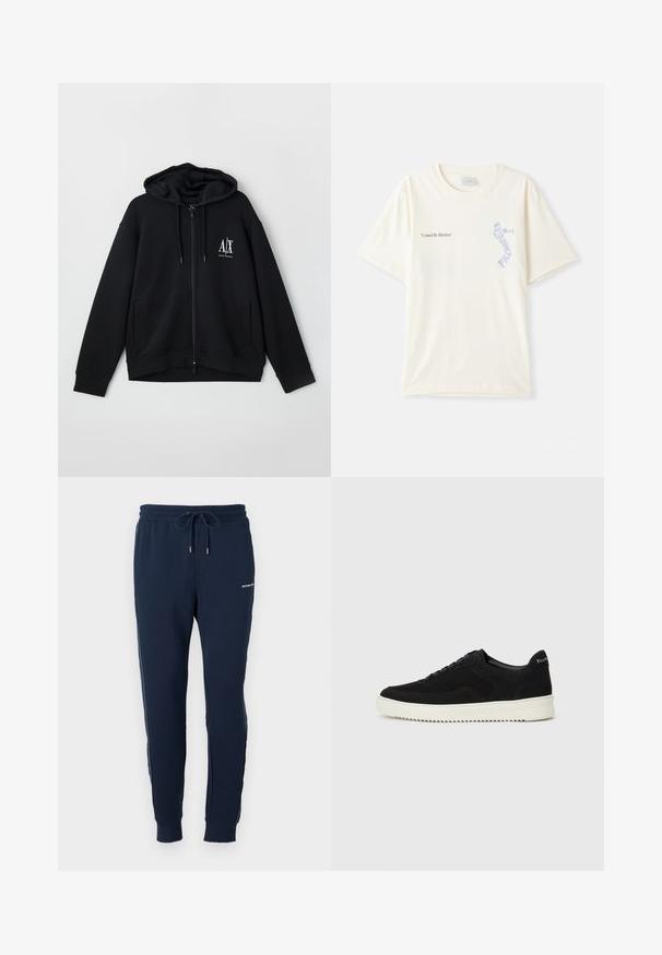 Juodas zip-up džemperis, pagamintas iš minkštos medžiagos, turi pamuštą gobtuvą, dvi priekinės kišenes ir mažą baltą logotipą ant kairiojo krūtinės.; Balta medvilninė marškinėliai trumpomis rankovėmis, su juodu ir mėlynu užrašu „United By Rhythm“ ant krūtinės. Apvalaus iškirpimo dizainas.; Tamsiai mėlynos sportinės kelnės su elastinga juosmeniu, raišteliu, šoninėmis juostelėmis ir logo detale ant klubų. Pagamintos iš minkšto, lygio audinio.; Juodos veliūrinės sportinės bateliai su raištelių dizainu ir kontrastinga balta gumine padais. Yra tekstūruoti šoniniai skydeliai ir subtilus logotipas ant kulno.