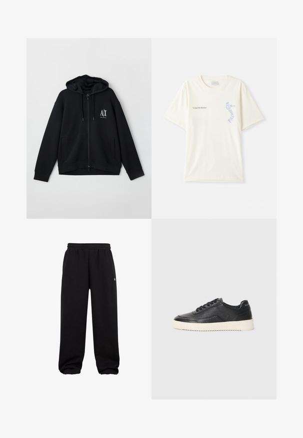 Melnā kapuce ar rāvējslēdzēju, izgatavota no mīksta auduma, ar oderētu kapuci, divām priekšējām kabatām un mazu balto logo kreisajā krūtī.; Balts kokvilnas T-krekls ar īsām piedurknēm, ar melnu un zilu grafiku "United By Rhythm" uz krūtīm. Apaļš kakla izgriezums.; Melnas sporta bikses, kas izgatavotas no mīksta auduma ar elastīgu jostu un uzmavām. Tām ir vienkāršs dizains, bez redzamām rakstu vai detaļām.; Melnas ādas sporta kurpes ar struktūru, apaļu purngalu un plakanu baltu gumijas zoli. Iezīmētas ar melnām šņorēm un zīmola logo uz papēža.