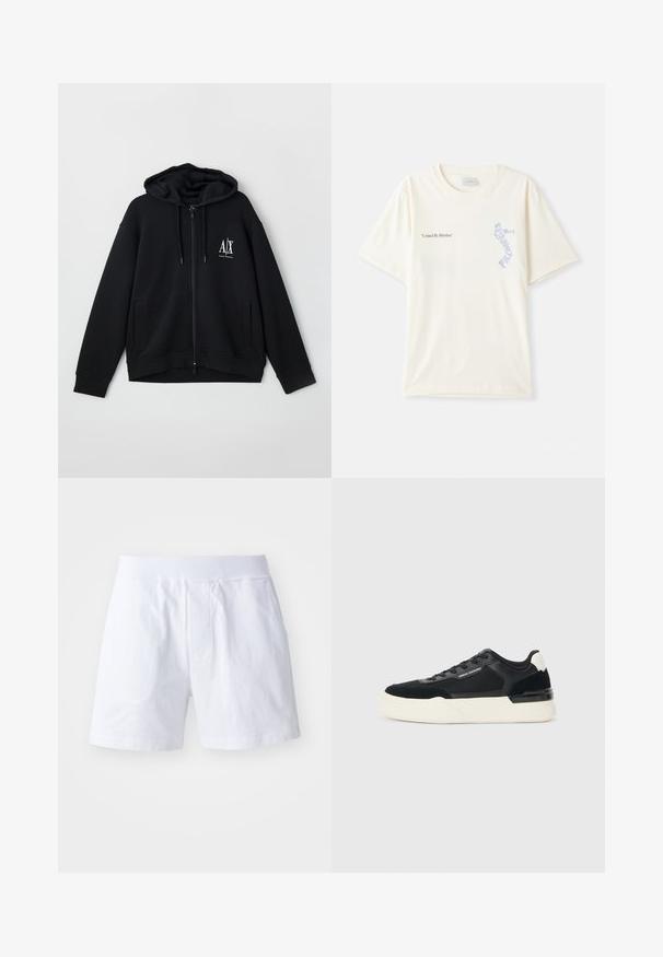 Schwarze Zip-Hoodie aus weichem Stoff, mit gefütterter Kapuze, zwei Fronttaschen und einem kleinen weißen Logo auf der linken Brust.; Weißes Baumwoll-T-Shirt mit kurzen Ärmeln, mit dem Aufdruck "United By Rhythm" in Schwarz und blauer Grafik auf der Brust. Rundhalsausschnitt.; Weiße Baumwollshorts verfügen über einen elastischen Bund, zwei seitliche Taschen und eine lockere Passform. Glatte Textur ohne sichtbare Muster oder Akzente.; Schwarze Sneaker aus Mesh und Leder, mit einer dicken weißen Sohle und kontrastierenden Akzenten. Schnürsenkel und Logo-Details an der Seite.