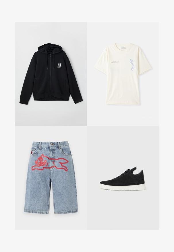 Mustan vetoketjullinen huppari, joka on valmistettu pehmeästä kankaasta. Hupparissa on vuorattu huppu, kaksi etutaskua ja pieni valkoinen logo vasemmassa rinnassa.; Valkoinen puuvillainen t-paita lyhyillä hihoilla, jossa on "United By Rhythm" -teksti mustana ja sinisenä grafiikkana rinnassa. Pyöreä kaulus.; Vaaleansiniset rentot farkkushortsit, joissa on suuri punainen graafi juoksevasta eläimestä takana. Viiden taskun muotoilu ja napitettava sulku.; Mustat mokkasiinikenkiä valkoisella kumipohjalla, jossa on sävy sävyyn ompelu ja nauhakiinnitys. Sujuva pinta ja moderni, virtaviivainen muoto.