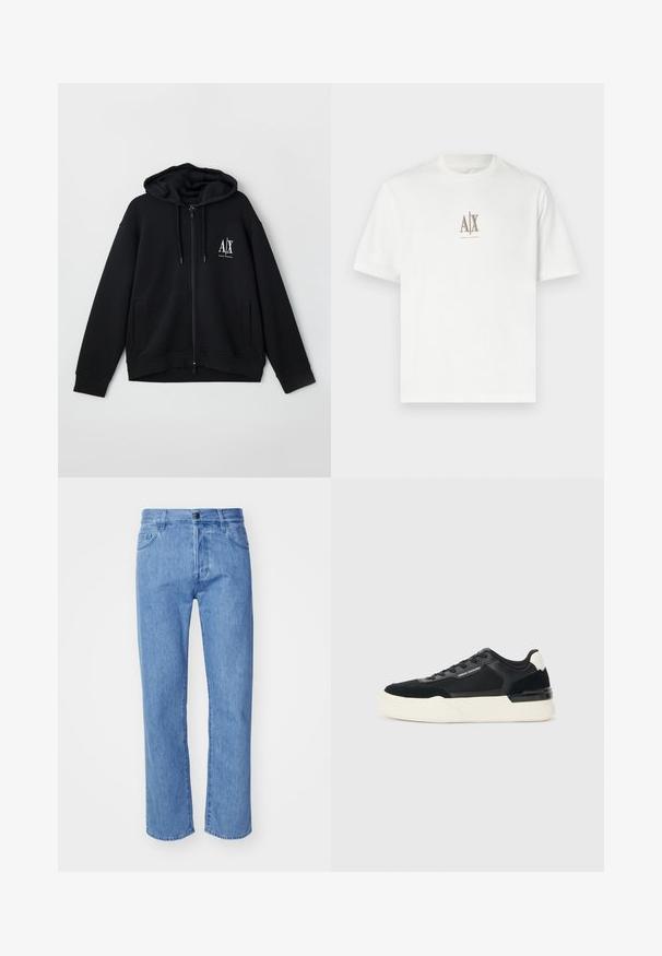 Melnā kapuce ar rāvējslēdzēju, izgatavota no mīksta auduma, ar oderētu kapuci, divām priekšējām kabatām un mazu balto logo kreisajā krūtī.; Balta kokvilnas T-kreklā ar apaļu kakla izgriezumu. Uz kreklā ir neliels bēšs logotips "A|X" un zem tā uzraksts "ARMANI EXCHANGE". Īsas piedurknes, regulāra piegriezuma.; Filippa K CROPPED - Džinsi ar pakāpeniski sašaurinātiem galiem - blue; Melnas sporta kurpes, kas izgatavotas no sieta un ādas, ar biezām baltām zoles un kontrastējošiem akcentiem. Mežģīņu un logo detaļa sānos.
