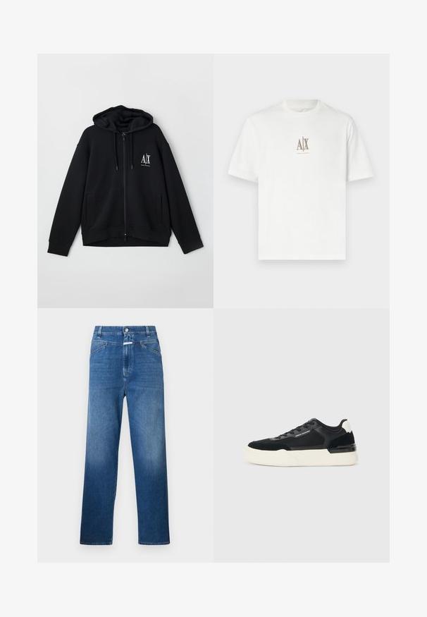 Črna zip-up kapuca iz mehkega blaga, z podloženim kapucem, dvema sprednjima žepoma in majhnim belim logotipom na levi strani prsnega koša.; Bela bombažna majica s krožnim izrezom. Ima majhen bež logotip "A|X" in "ARMANI EXCHANGE" napisano spodaj. Kratke rokave, običajen kroj.; Modri jeans s ravnim krojem, ki vključujejo gumbasto zapiranje, zanke za pas in subtilno zbledelost na stegnih.; Črne superge iz mrežastega materiala in usnja, z debelim belim podplatom in kontrastnimi poudarki. Pertle in detajl logotipa ob strani.