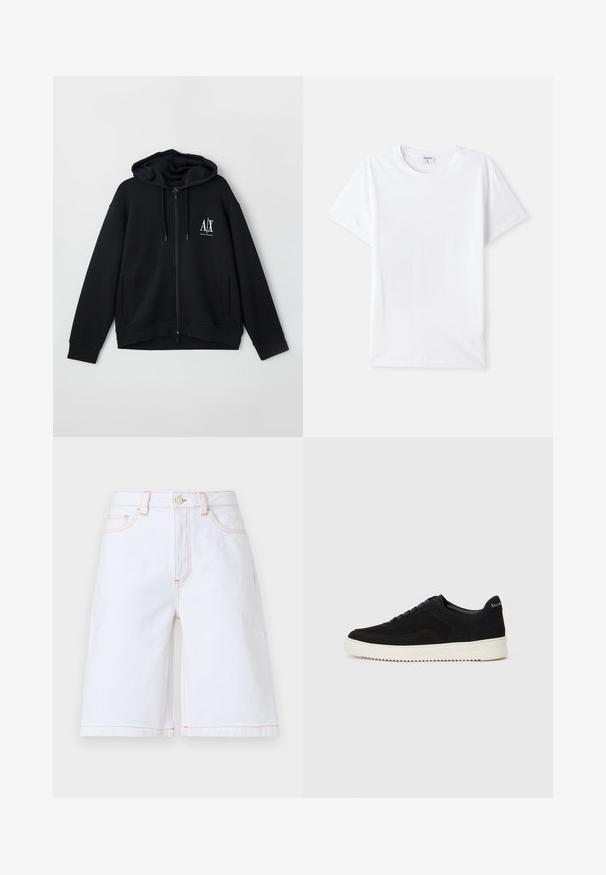 Černá zipová mikina vyrobená z měkké látky, s podšívkou kapuce, dvěma předními kapsami a malým bílým logem na levé části hrudníku.; Bílá bavlněná tričko, kulatý výstřih, krátké rukávy, hladká textura, bez vzorů nebo akcentů, jednoduchý design, standardní střih.; Bílé džíny šortky s rovný střih, pěti kapsami a kontrastním béžovým prošíváním. Obsahují přední zapínání na knoflík a zip.; Černé semišové tenisky s krajkovým designem a kontrastní bílou gumovou podrážkou. Obsahují texturované boční panely a jemné branding na patě.