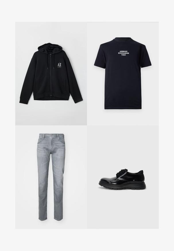 Sudadera negra con cremallera hecha de tejido suave, que cuenta con una capucha forrada, dos bolsillos frontales y un pequeño logo blanco en el lado izquierdo del pecho.; Camiseta de algodón negra con cuello redondo y mangas cortas. En el centro, el texto bordado en blanco dice "ARMANI EXCHANGE 1991".; Jeans de denim gris con corte recto, diseño de cinco bolsillos, trabillas para el cinturón y cierre frontal de botón. Desgastado sutil para darle textura.; Zapato negro de cuero con cordones, acabado suave, suela de goma duradera y puntera redondeada. Cuenta con ojales para los cordones y una sutil marca.