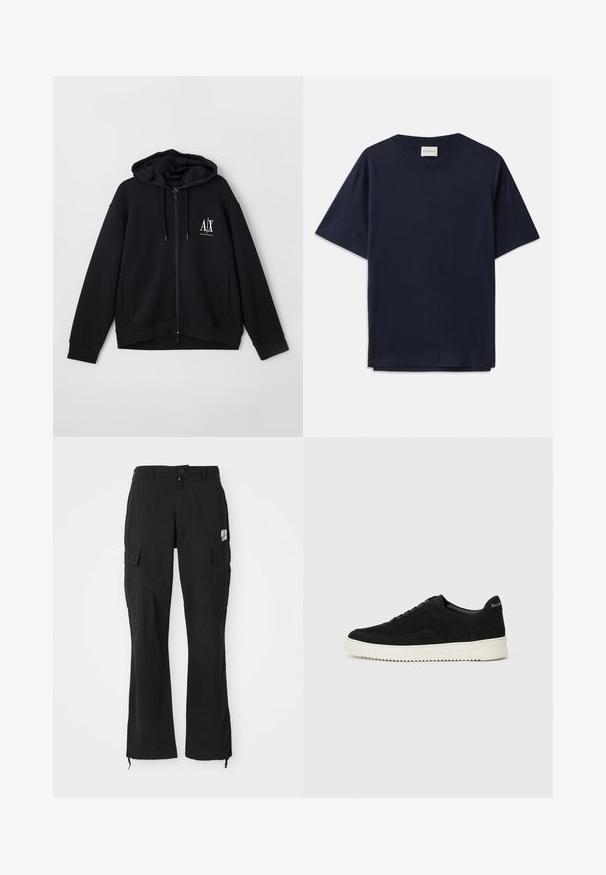 Sweatshirt preto com fecho éclair, feito de um tecido macio, apresentando um capuz forrado, dois bolsos frontais e um pequeno logótipo branco no lado esquerdo do peito.; T-shirt de algodão azul-marinho com mangas curtas, decote redondo e um corte descontraído. A etiqueta diz "CLOSED" no decote. Textura suave.; Calças cargo retas pretas com fecho de botão, bolsos laterais com aba e pequeno logótipo branco na coxa direita.; Sapatilhas de camurça pretas com design de atacadores e sola de borracha branca em contraste. Apresenta painéis laterais texturizados e uma marcação discreta no calcanhar.