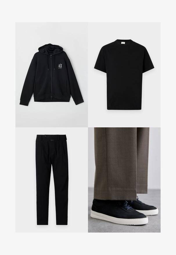 Schwarze Zip-Hoodie aus weichem Stoff, mit gefütterter Kapuze, zwei Fronttaschen und einem kleinen weißen Logo auf der linken Brust.; Schwarzes Baumwoll-T-Shirt mit rundem Ausschnitt, kurzen Ärmeln und geradem Schnitt. Keine sichtbaren Muster oder Hardwaredetails.; Schwarze Hose mit maßgeschneidertem Schnitt, ausgestattet mit flachem Bund, einzelnen Falten und einem Knopfverschluss. Aus glattem Stoff gefertigt, geeignet für festliche Anlässe.; Schwarze Wildleder-Sneaker mit weißen Gummisohlen, mit einer abgerundeten Zehenpartie und Schnürsenkeln, getragen zu grauen maßgeschneiderten Hosen.