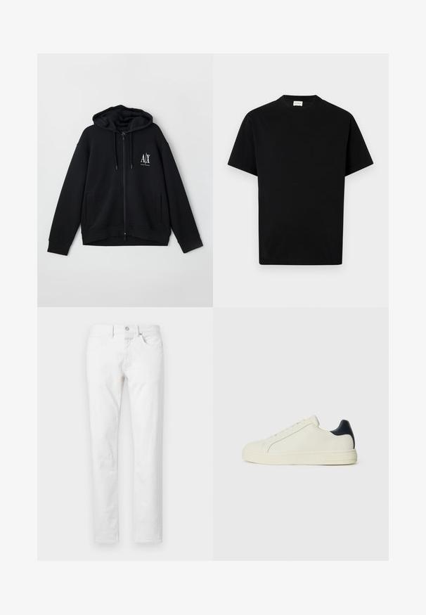 Hanorac negru cu fermoar, fabricat dintr-un material moale, având o glugă căptușită, două buzunare frontale și un mic logo alb pe partea stângă a pieptului.; Tricou din bumbac negru cu decolteu rotund, mâneci scurte și croială dreaptă. Fără modele vizibile sau detalii metalice.; Blugi albi cu croi drept, confecționați din denim, cu cinci buzunare, închidere cu buton și o croială clasică, cu textură minimă.; Pantofii sport din piele albă, cu un accent din piele bleumarin la călcâi, vârful rotund, talpă plată din cauciuc și șireturi cu șase gauri.