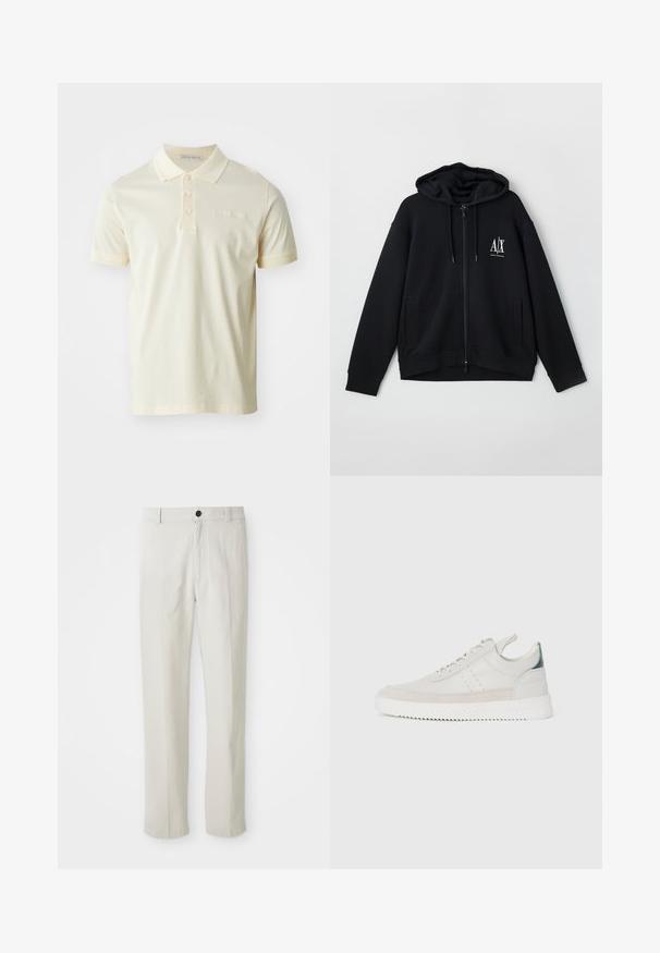 Zwarte zip-up hoodie van zacht materiaal, met een gevoerde capuchon, twee voorke pockets, en een klein wit logo op de linkerkant van de borst.; Polo shirt in lichtgeel, gemaakt van zacht katoen. Voorzien van een klassieke kraag, een drie-knopenknopsluiting en korte mouwen. Subtiel merklogo op de borst.; Beige recht gesneden broek met riemlussen, voorknop en ritsluiting, plat weergegeven op een witte achtergrond.; Witte leren sneakers met grijze suède accenten, vetersluiting, een trekhaak en een gestructureerde rubberen zool met een zigzagpatroon.