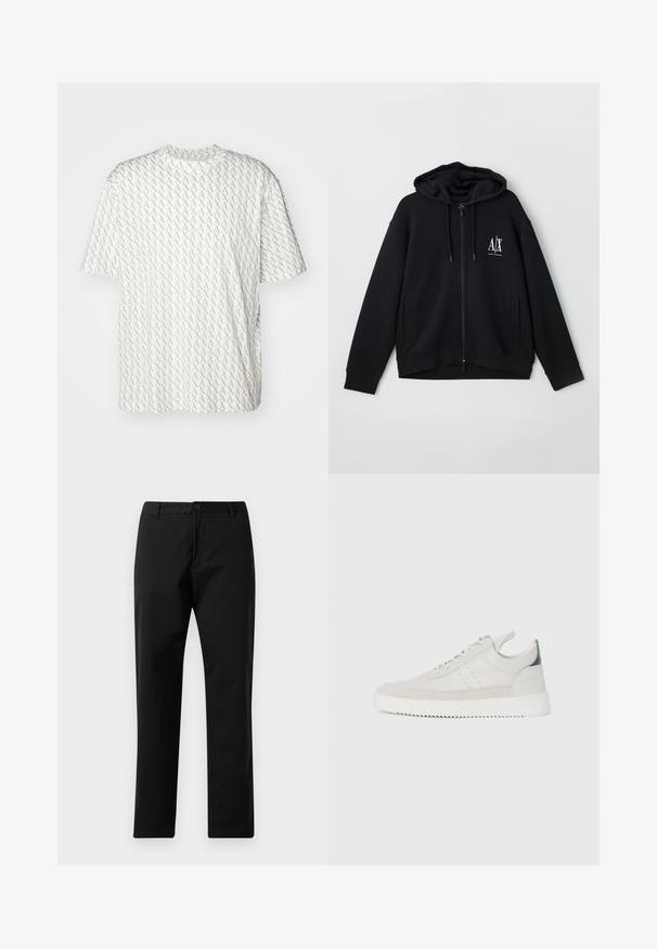 Melnā kapuce ar rāvējslēdzēju, izgatavota no mīksta auduma, ar oderētu kapuci, divām priekšējām kabatām un mazu balto logo kreisajā krūtī.; Balta T-krekls ar atkārtotu pelēku "A" rakstu, īsām piedurknēm, apaļu kakla izgriezumu un brīvu piegriezumu. Izgatavots no mīkstas auduma.; Melni taisni bikses ar pogu un rāvējslēdzēja aizdari, jostas cilpām un priekšējiem kabatām, izliktas uz baltas fona.; Baltas ādas sporta apavi ar pelēka zamšādas akcentiem, saistoša dizaina, ar vilkšanas cilpu un teksturētu gumijas zoli, kas raksturojas ar zigzag rakstu.