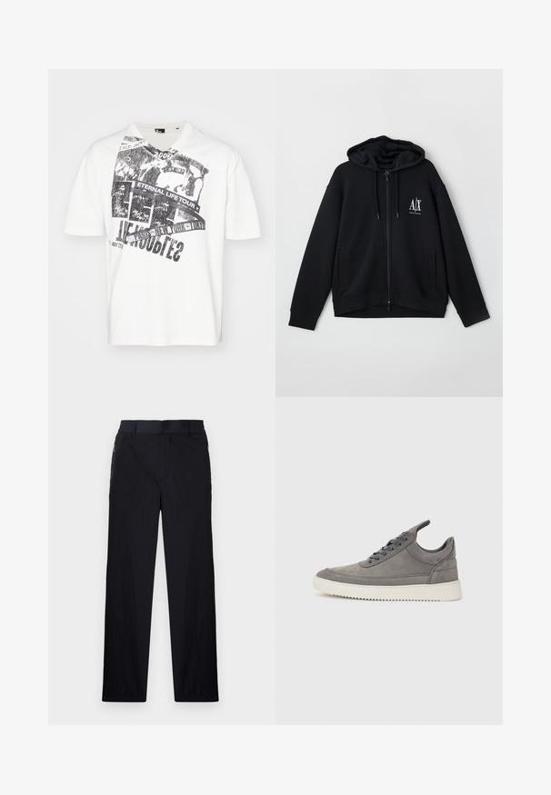 Fekete, cipzáros kapucnis pulóver, puha anyagból készült, bélelt kapucnival, két elülső zsebbel és egy kis fehér logóval a bal mellen.; Fehér pamut póló fekete grafikával, rajta a "BESZÉLGETÉSEK A FOLYTONOSSÁGRÓL" és a "2008" felirattal. Rövid ujjú és V-nyakú kialakítású.; Fekete nadrág könnyű, textúrált anyagból, egyenes szárú kialakítással, rugalmas derékpánttal és oldalsó cipzáras zsebekkel.; Szürke velúr sportcipő struktúrált felülettel, fehér gumitalppal, kerek fűzőkkel és alacsony szárú dizájnnal.