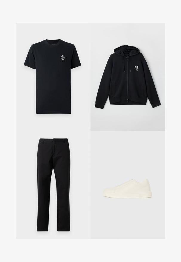 Zwarte zip-up hoodie van zacht materiaal, met een gevoerde capuchon, twee voorke pockets, en een klein wit logo op de linkerkant van de borst.; Zwarte katoenen t-shirt met een ronde hals, korte mouwen en een kleine witte grafische afbeelding van zwaarden op de linkerkant van de borst.; Zwarte rechte broek met knoop- en ritssluiting, riemlussen en steekzakken, weergegeven op een witte achtergrond.; Lage beige leren sneaker met een ronde neus, minimale stiksels en een zijrits op een witte achtergrond.