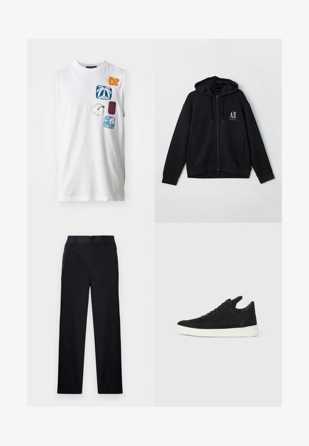 Felpa nera con zip realizzata in morbido tessuto, dotata di cappuccio foderato, due tasche frontali e un piccolo logo bianco sul lato sinistro del petto.; T-shirt bianca senza maniche in cotone con grafica colorata, comprese patch di palme, fiori e design astratti in blu, verde e rosso.; Pantaloni neri realizzati in un tessuto leggero e strutturato, con taglio dritto, vita elasticizzata e tasche laterali con zip.; Sneaker in suede nero con suola in gomma bianca, caratterizzato da cuciture tonali e design con lacci. Texture liscia con una forma moderna e aerodinamica.