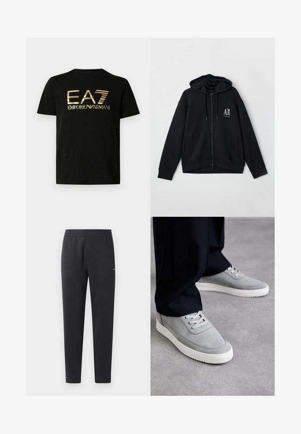 Must mustaga, mis on valmistatud pehmest kangast, voodriga kapuutsiga, kahe esistaskuga ja väikese valge logoga vasakul rinnal.; Mustast puuvillast t-särk, millel on esiküljel läikiva kuldse trükiga sõnad "EA7" ja "emporio armani" julges, moodsa kirjatüübiga. Lühikesed varrukad.; Mustad jogger pants pehmest kangast, millel on elastne vöökoht, sirged sääred ja üks väike logodetail küljel.; Halleri siidist tennisetossud valgete kummitaldadega, millel on nööridega disain, ümar varvas ja peened õmblusdetailid, kantud mustade pükstega.