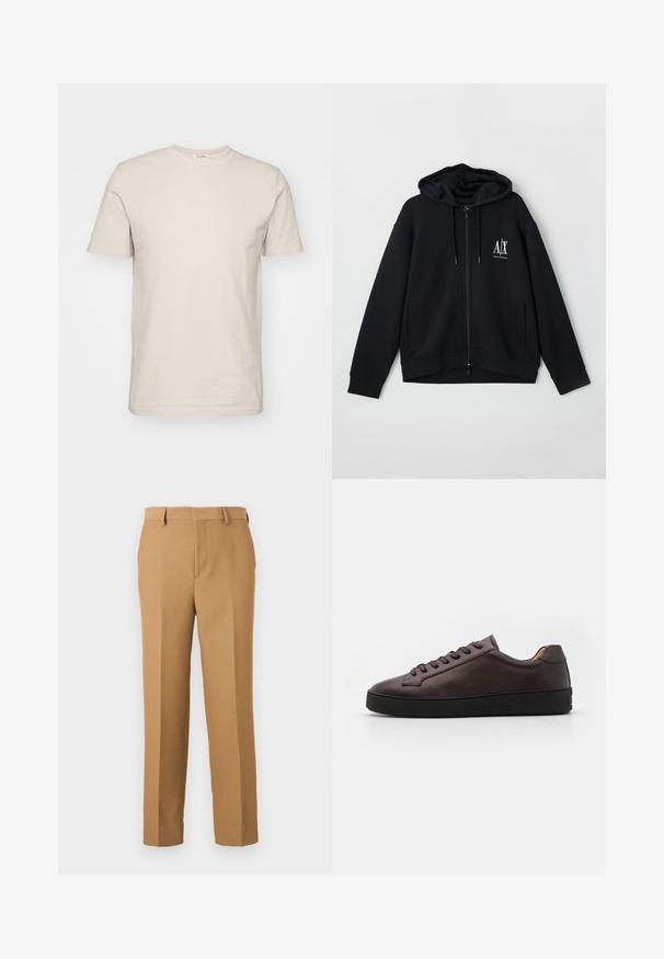 Svart zip-up hettegenser laget av myk stoff, med foret hette, to frontlommer og en liten hvit logo på venstre bryst.; Kortermet, rundhalset t-skjorte i lys beige bomull. Har en jevn tekstur, standard passform og enkelt design uten mønstre eller dekorasjoner.; Beige dressbukser laget avvevd stoff, med rett snitt, flat front og beltehemper. Glatt tekstur uten synlige mønstre.; Brune lærersneaker med en glat overflade, rund tå og sort gummisål. Har tonede snørebånd og minimalistiske designdetaljer.