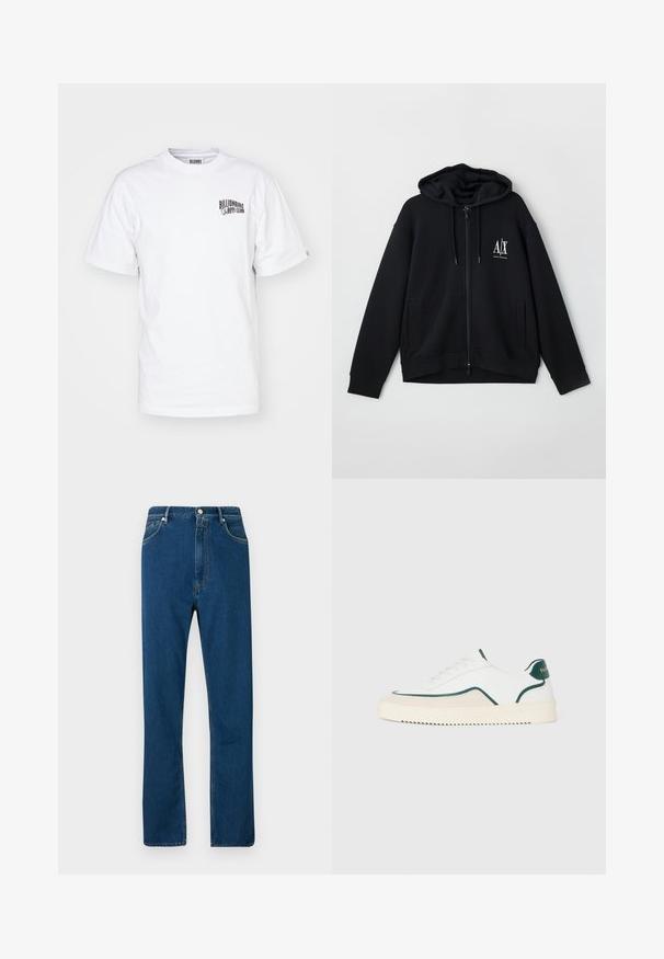 Črna zip-up kapuca iz mehkega blaga, z podloženim kapucem, dvema sprednjima žepoma in majhnim belim logotipom na levi strani prsnega koša.; Bela bombažna majica s kratkimi rokavi in okroglim izrezom, ki ima na zgornjem levem prsnem delu majhen črn logo. Klasičen kroj in gladka tekstura.; Modre jeans iz denima z visokim pasom, ravnim krojem, petimi žepi in kontrastnim oranžnim šivom. Gladka tekstura.; Beli nizki copati z zelenimi poudarki, bež semiš detajli in kremasto belo podplatom z rebrasto površino.