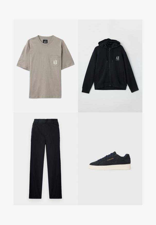 Sweatshirt preto com fecho éclair, feito de um tecido macio, apresentando um capuz forrado, dois bolsos frontais e um pequeno logótipo branco no lado esquerdo do peito.; Camiseta cinza de manga curta feita de algodão, com um bolso no lado esquerdo do peito e um design de logótipo branco. Decote redondo, ajuste descontraído.; Calças pretas com um tecido leve e texturizado, design de pernas retas, cintura elástica e bolsos laterais com fecho.; Sapatilhas baixas em camurça azul-marinho com sola branca, atacadores azuis-marinho e o logótipo "Filling Pieces" em dourado na lateral.