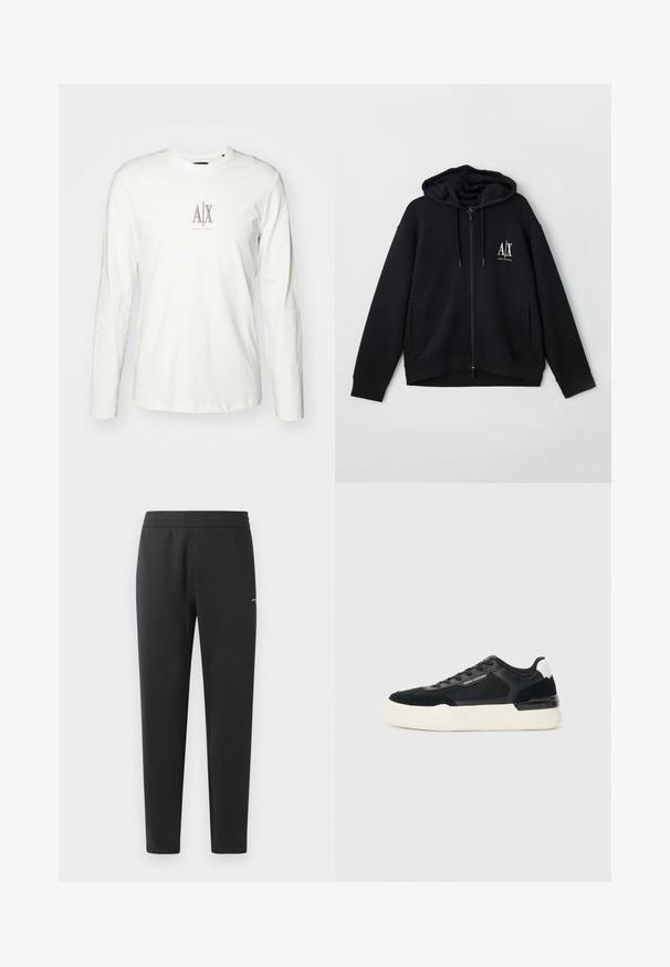 Must mustaga, mis on valmistatud pehmest kangast, voodriga kapuutsiga, kahe esistaskuga ja väikese valge logoga vasakul rinnal.; Pikkade varrukatega valge puuvilla T-särk, millel on keskel väike beež logo "AX". Sujuv tekstuur ja klassikaline ümar kaelus.; Mustad jogger pants pehmest kangast, millel on elastne vöökoht, sirged sääred ja üks väike logodetail küljel.; Must musta, mis on valmistatud võrkmaterjalist ja nahast, pakub paksu valget tallat ja kontrastseid aktsente. Paelad ja logo detail külje peal.