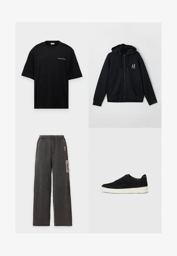 Sweatshirt preto com fecho éclair, feito de um tecido macio, apresentando um capuz forrado, dois bolsos frontais e um pequeno logótipo branco no lado esquerdo do peito.; T-shirt de algodão preto com um corte descontraído, mangas curtas e um logo branco "FILLING PIECES" no lado esquerdo do peito. Textura suave.; Calças de perna larga em tecido cinza escuro, com um remendo decorativo no bolso frontal e uma cintura elástica para mais conforto.; Sapatilhas de camurça pretas com design de atacadores e sola de borracha branca em contraste. Apresenta painéis laterais texturizados e uma marcação discreta no calcanhar.