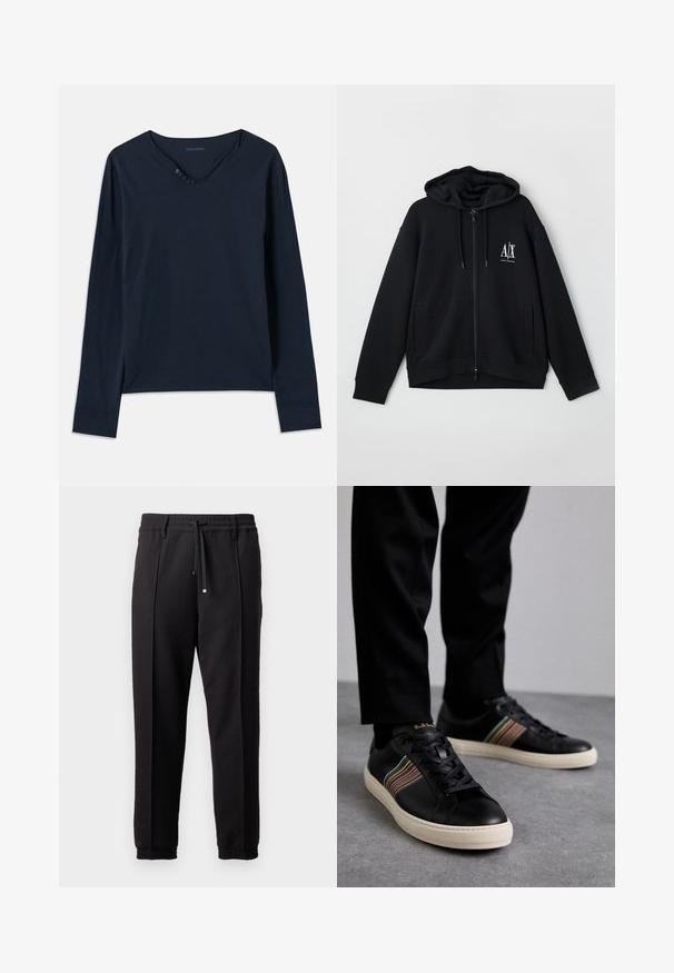 Svart zip-up hoodie i mjukt tyg, med en fodrad huva, två framfickor och en liten vit logotyp på vänster bröst.; Långärmad, marinblå T-shirt i mjuk bomull. Har en v-ringning med fem knappar och subtila sidoklipp vid fållen.; Svarta byxor med midjeresår, dragsnodd och elastiska muddar. Har veck och ett jämnt, texturerat tyg.; Svart lädersneakers med flerfärgade randiga detaljer, rund tå och vita gummisulor, som har snörningsdesign och ultragruvade logotyp.