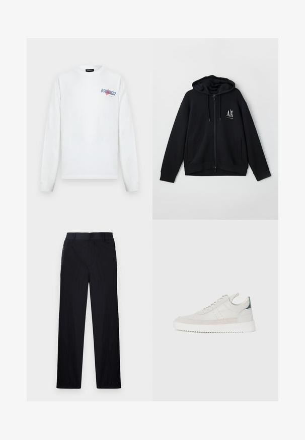 Čierna mikina na zips vyrobená z mäkkej textílie, s podšívkou kapucne, dvoma prednými vreckami a malým bielym logom na ľavej hrudi.; Biela košeľa s dlhým rukávom s modrým a červeným logom DSQUARED2 na ľavej strane hrude, s okrúhlym výstrihom a rebrovanými manžetami.; Čierne nohavice z ľahkého textúrovaného materiálu, s priamym strihom, elastickým pásom a bočnými zipsovými vreckami.; Biele kožené tenisky s šedými semišovými akcentmi, viazanie, pútko na päte a textúrovaná gumová podrážka s cik-cak vzorom.
