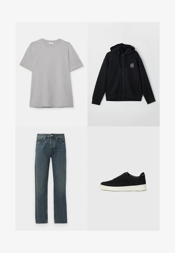 Sudadera negra con cremallera hecha de tejido suave, que cuenta con una capucha forrada, dos bolsillos frontales y un pequeño logo blanco en el lado izquierdo del pecho.; Camiseta gris de manga corta hecha de una tela suave y texturizada. Presenta un cuello redondo clásico y un dobladillo recto, adecuada para uso casual.; Jeans de mezclilla azul oscuro con un diseño de pierna recta, que cuentan con cinco bolsillos, un cierre de botón y detalles de costura en contraste.; Zapatilla de ante negra con diseño de cordones y suela de goma blanca contrastante. Presenta paneles laterales texturizados y un sutil logo en el talón.