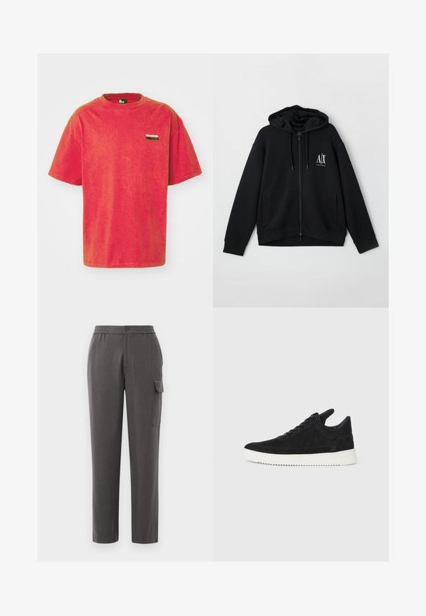 Black zip-up hoodie made of soft fabric, featuring a lined hood, two front pockets, and a small white logo on the left chest.; Red cotton t-shirt with short sleeves, crew neckline, and a small rectangular logo patch in black and white on the left chest.; Gray pants with a relaxed fit, made from a smooth fabric. Features a button closure, side pockets, and a cargo pocket on the leg.; Black suede sneaker with a white rubber sole, featuring tonal stitching and lace-up design. Smooth texture with a modern, streamlined shape.